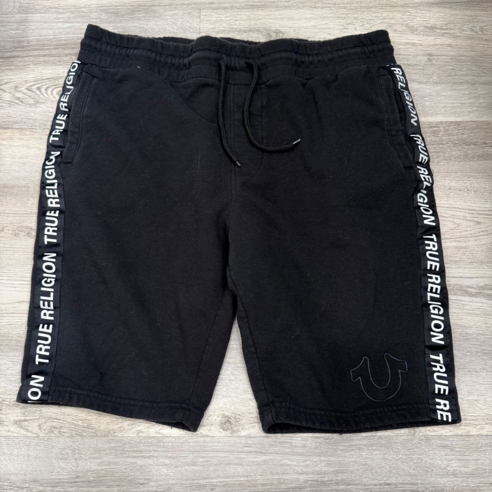 True Religion Mens Black Logo Tape Sweat Shorts Fleece Horseshoe 2XL